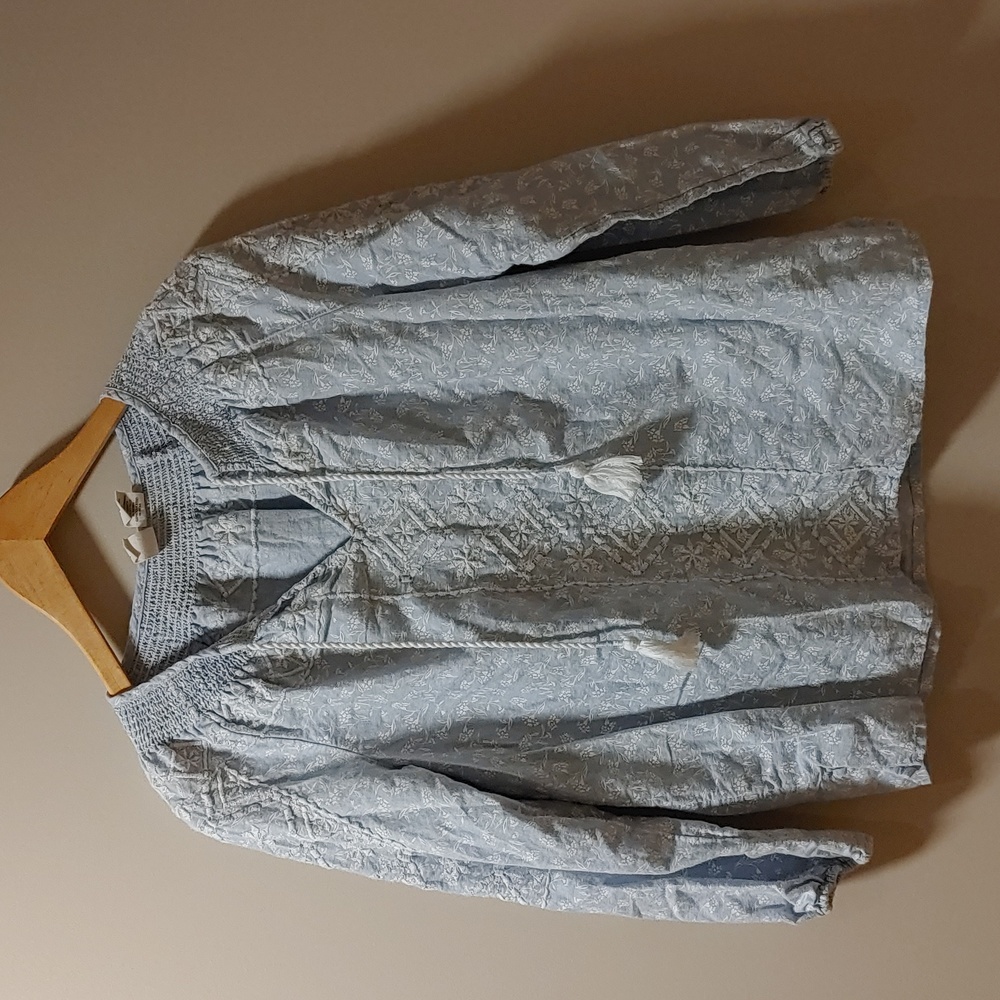 Joie Embroidered Linen Blend Blouse with Tassel Tie